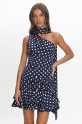 Truett One-Shoulder Sash Mini Dress Polka Dot Navy