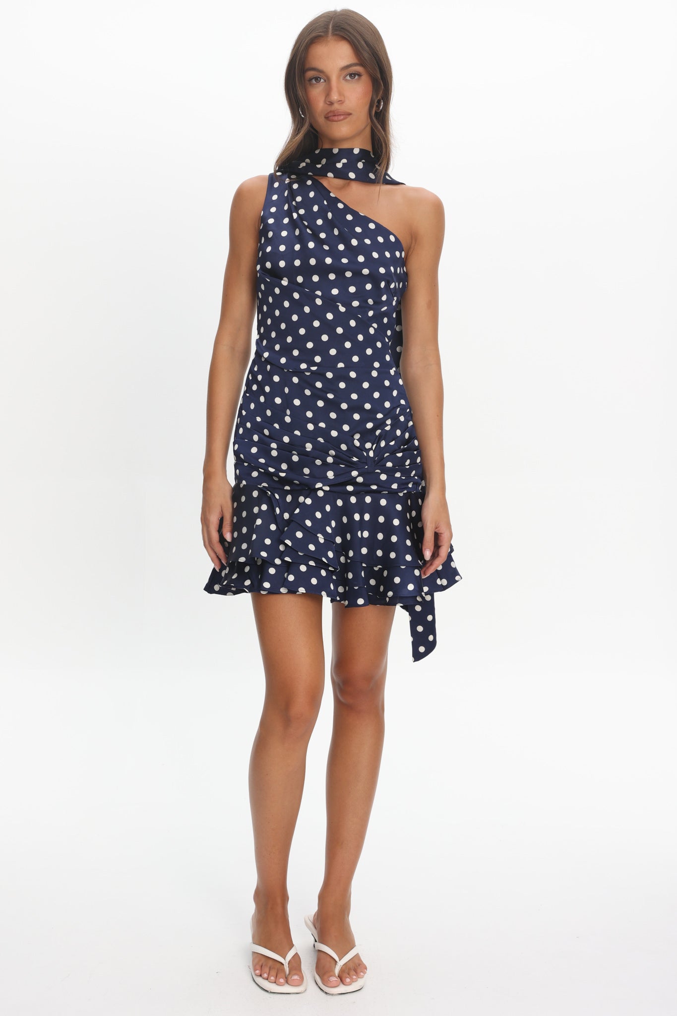 Truett One-Shoulder Sash Mini Dress Polka Dot Navy