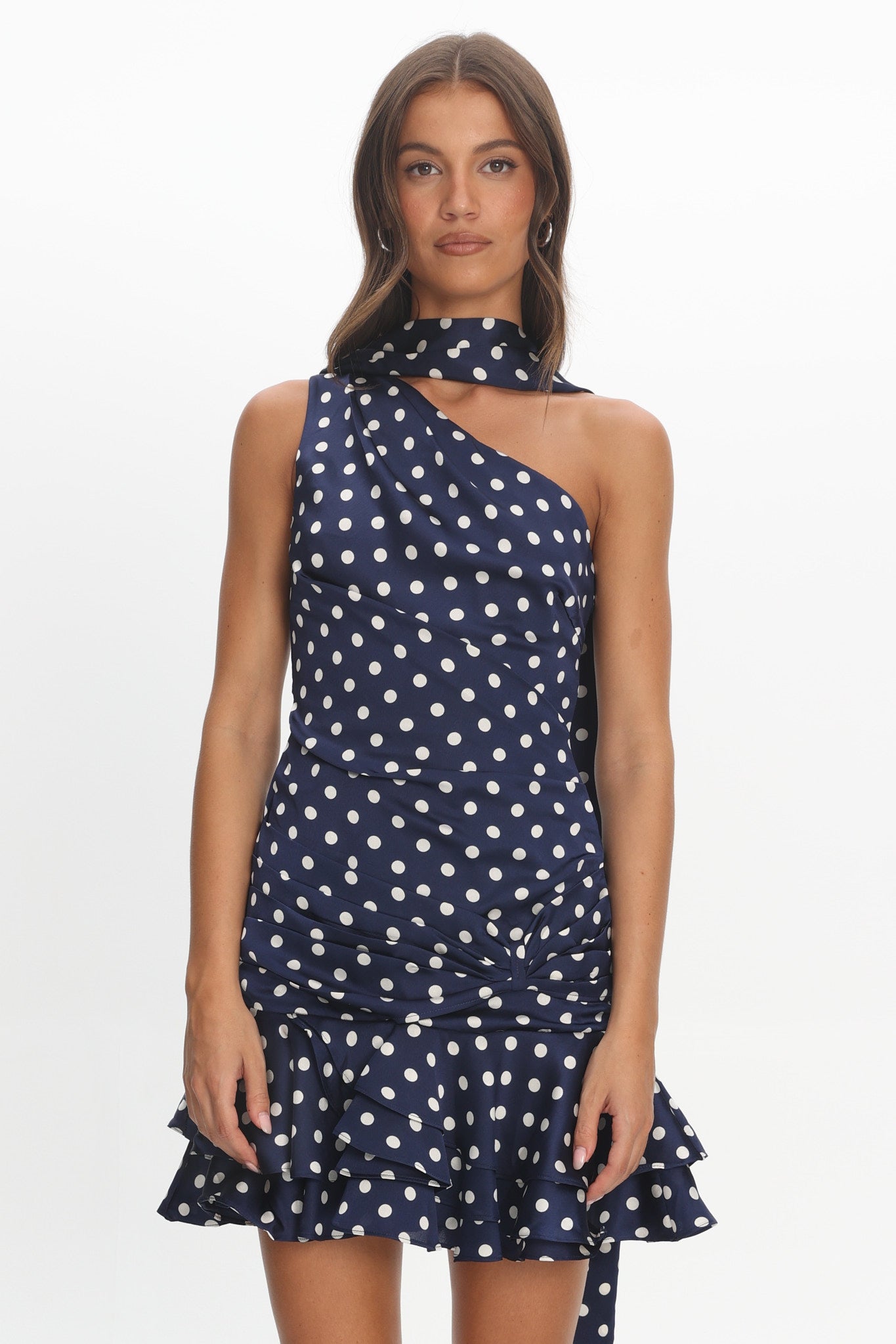 Truett One-Shoulder Sash Mini Dress Polka Dot Navy