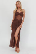 Rayah Sheer Insert Ruched Maxi Dress Chocolate