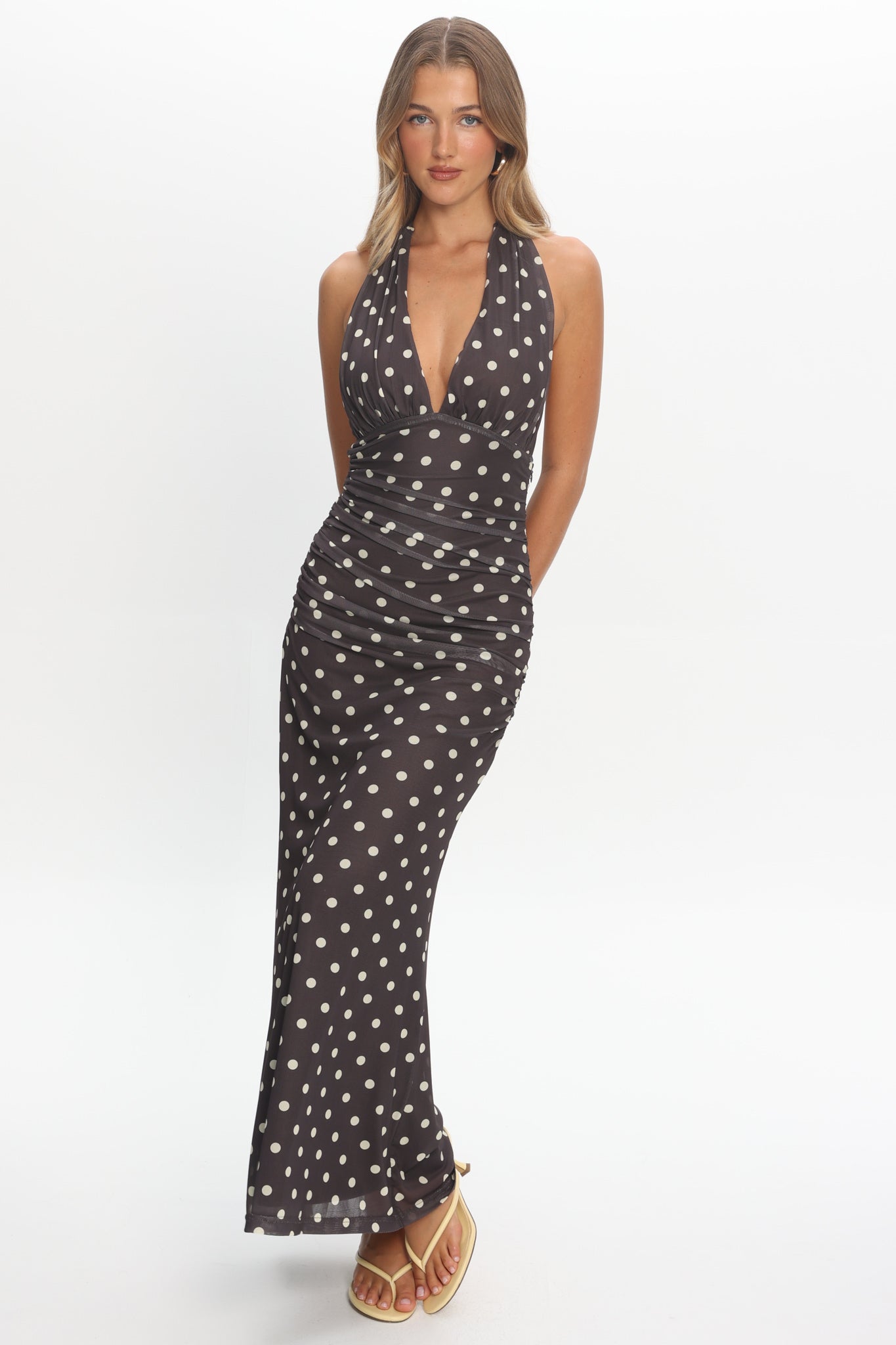 Annorah Halterneck Maxi Dress Polka Dot Chocolate