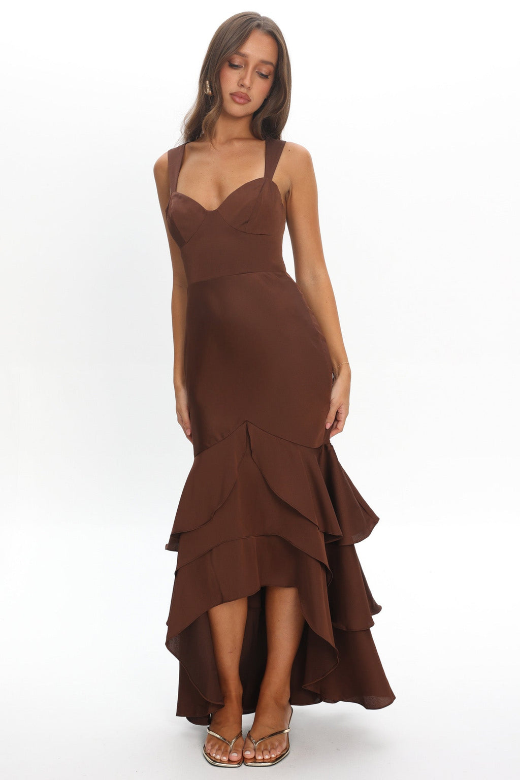 Baylin Layered Mermaid Hem Maxi Dress Coffee