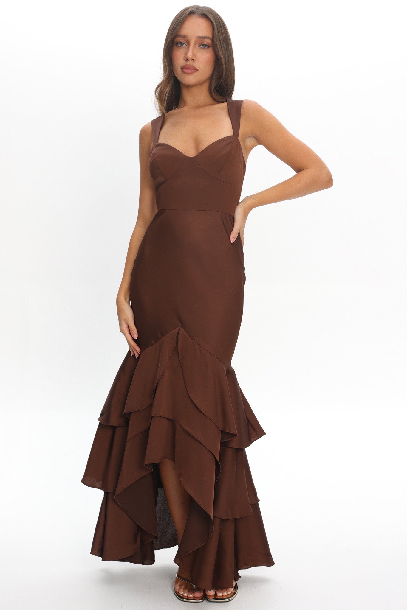 Baylin Layered Mermaid Hem Maxi Dress Coffee