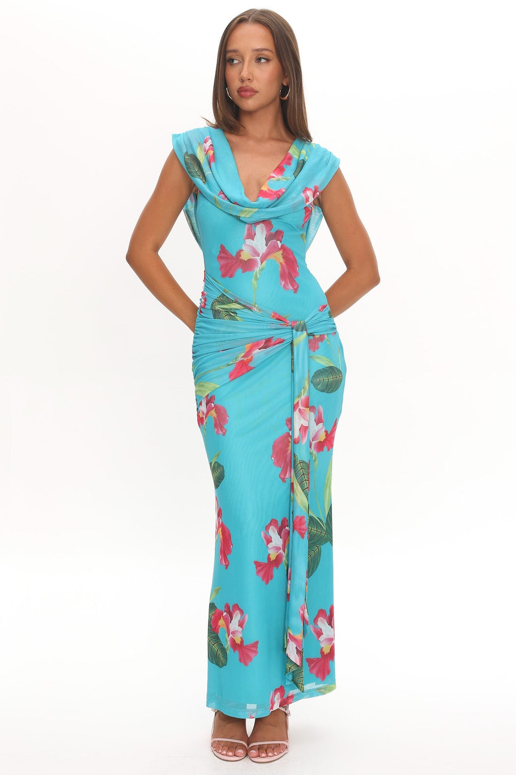 Virgo Season Draped Shoulder Maxi Dress Floral