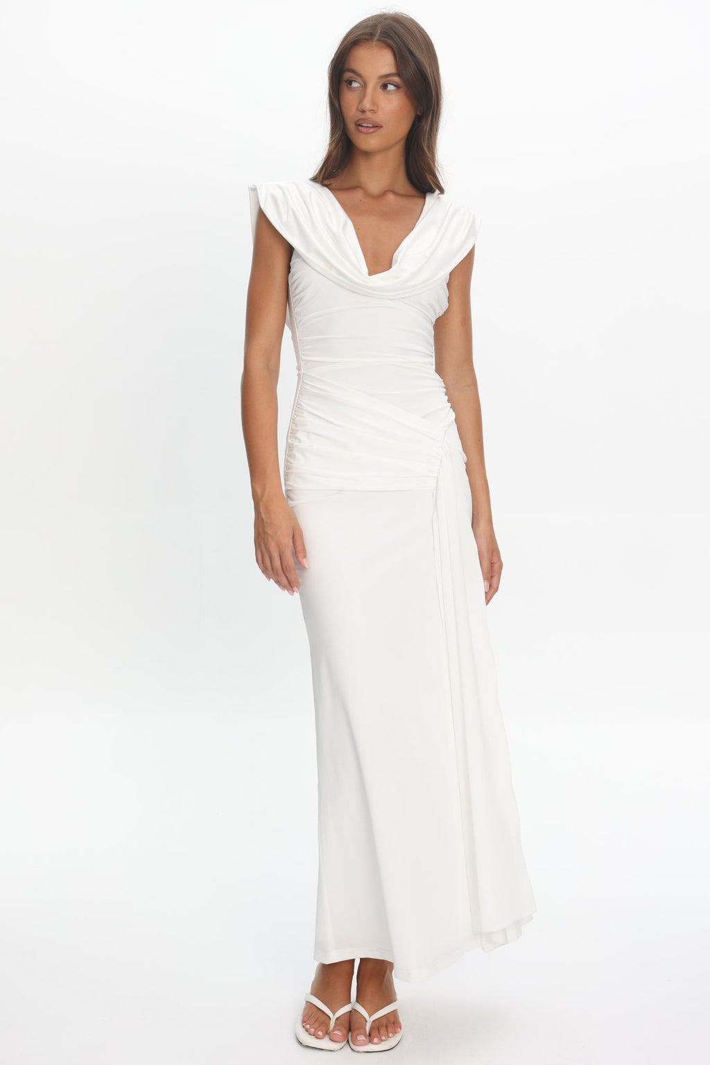 Fermi Draped Shoulder Maxi Dress Off White