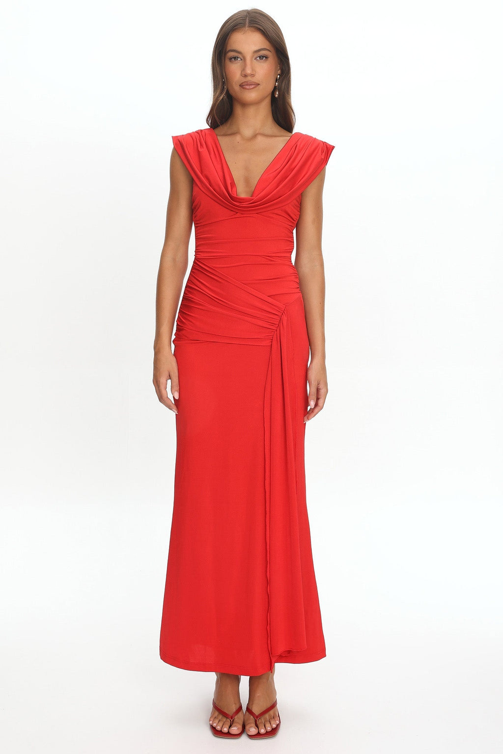Fermi Draped Shoulder Maxi Dress Red