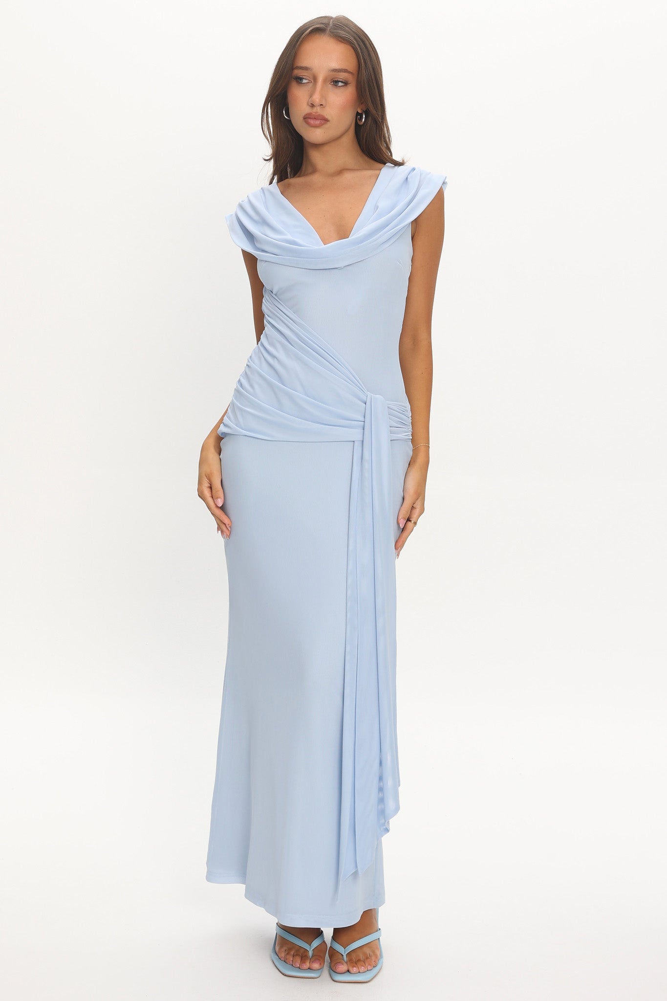Virgo Season Draped Shoulder Maxi Dress Baby Blue
