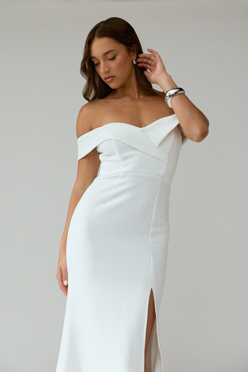 Rider Off-Shoulder Front Split Maxi Dress White
