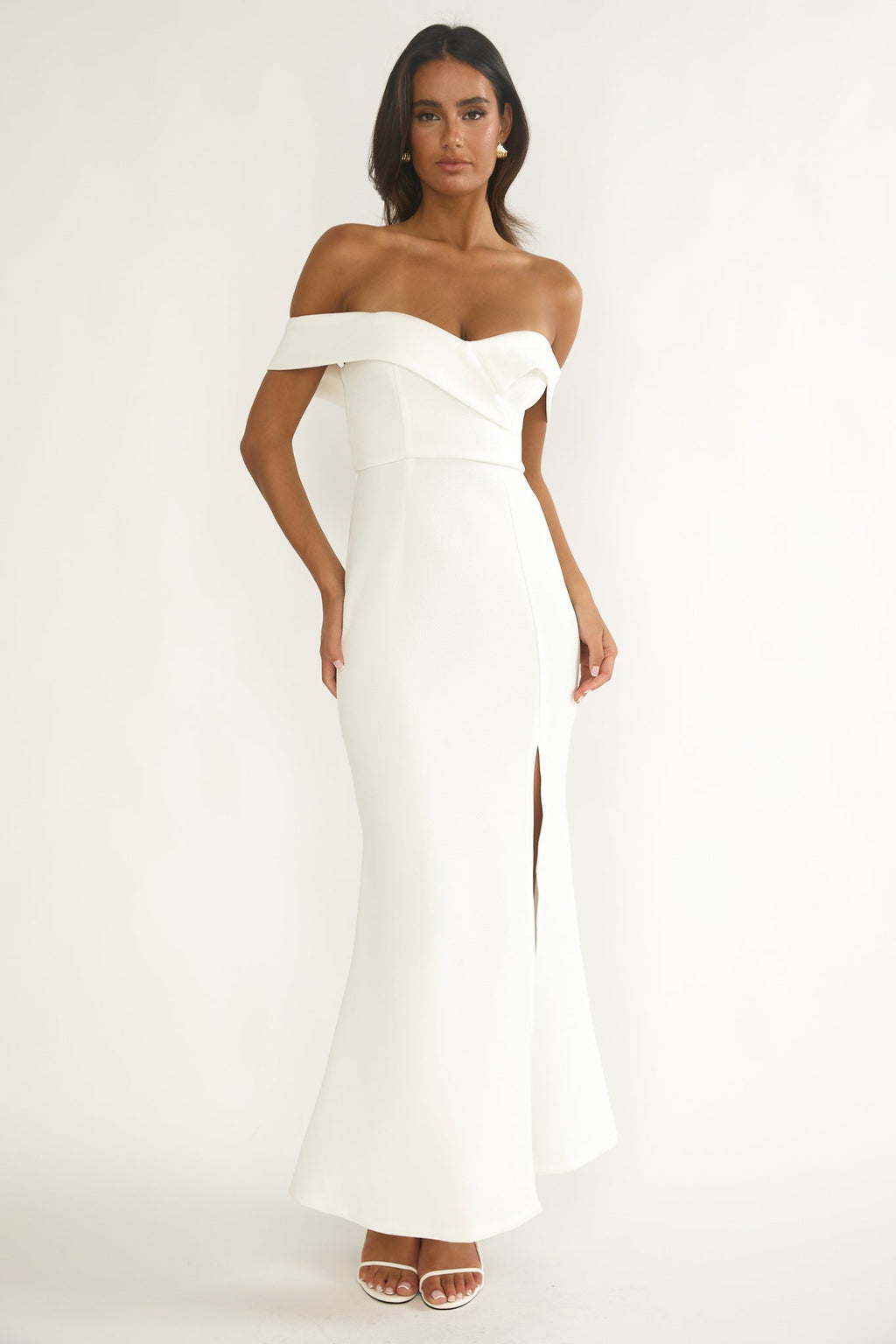 Rider Off-Shoulder Front Split Maxi Dress White