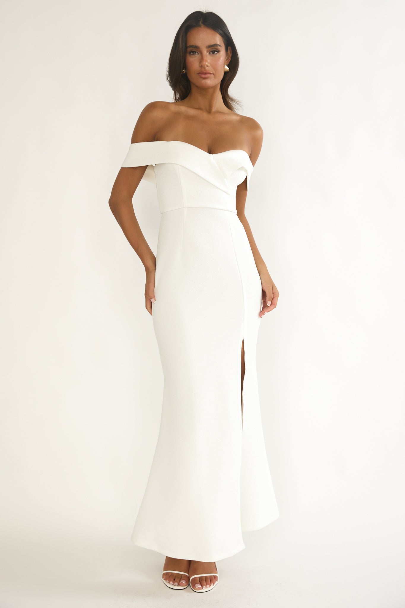Rider Off-Shoulder Front Split Maxi Dress White