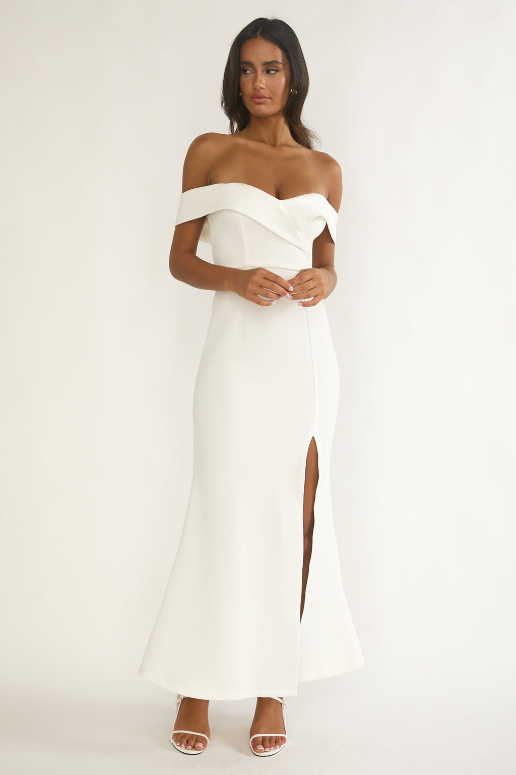 Rider Off-Shoulder Front Split Maxi Dress White