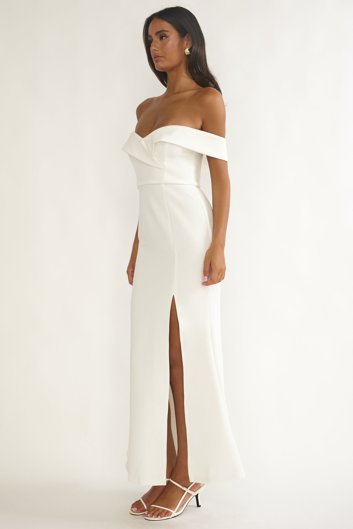 Rider Off-Shoulder Front Split Maxi Dress White