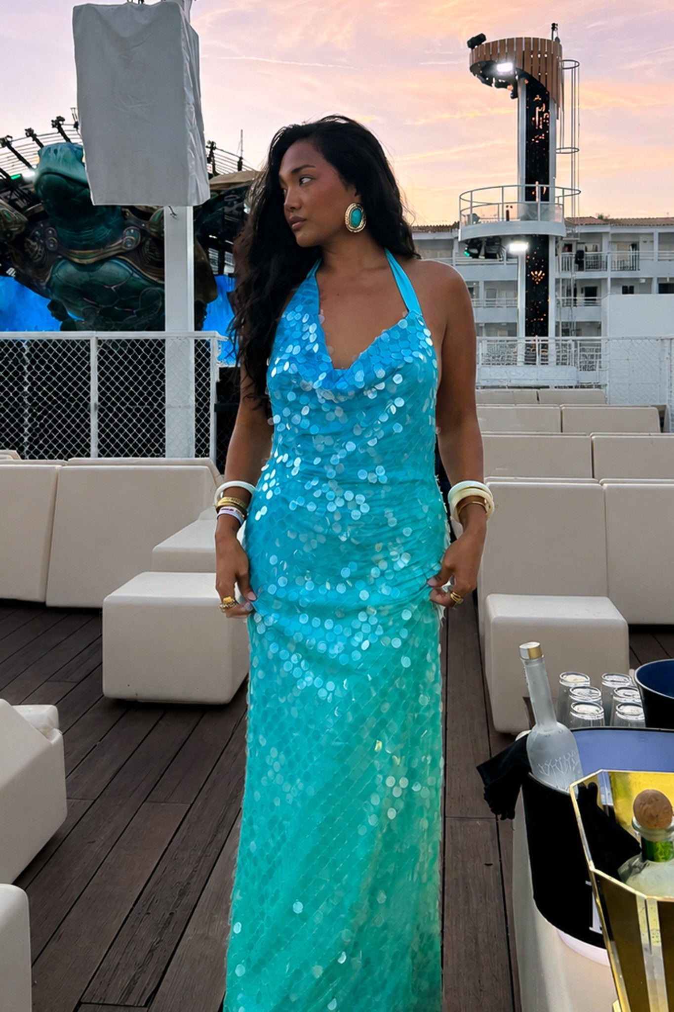 Kirralee Asymmetric Halterneck Sequin Maxi Dress Blue Multi