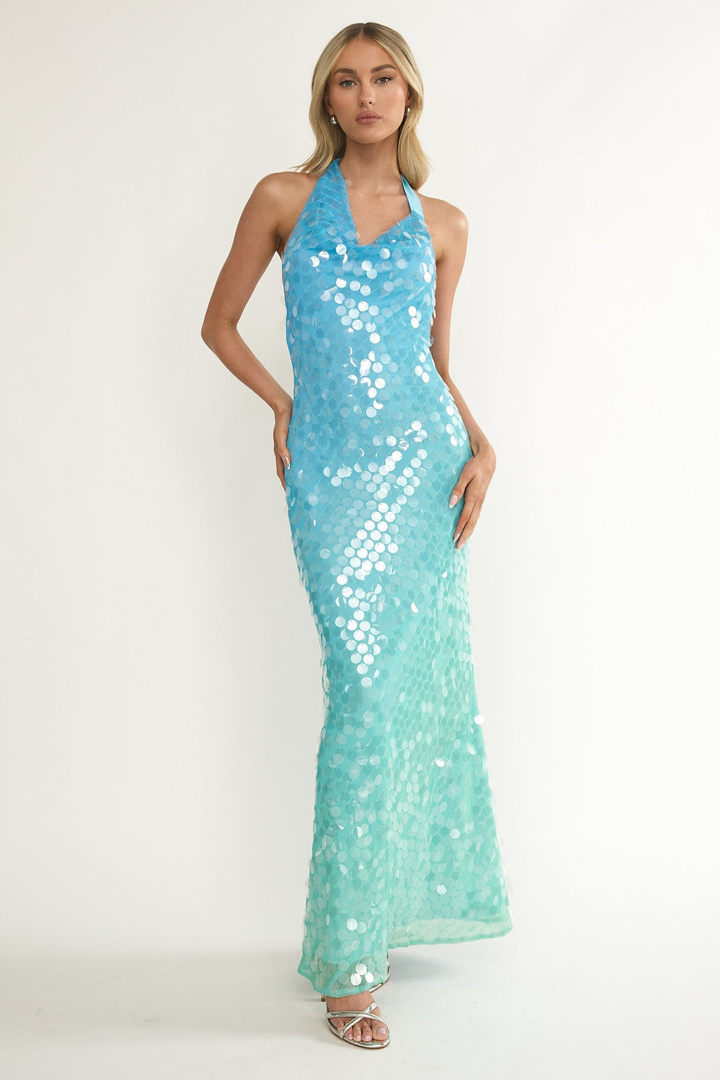 Kirralee Asymmetric Halterneck Sequin Maxi Dress Blue Multi