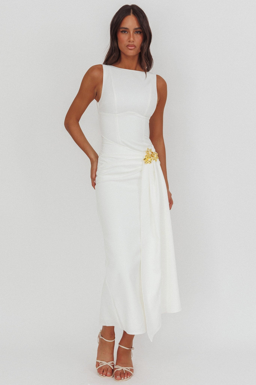 Zimora Gold Buckle Waist Drape Maxi Dress White