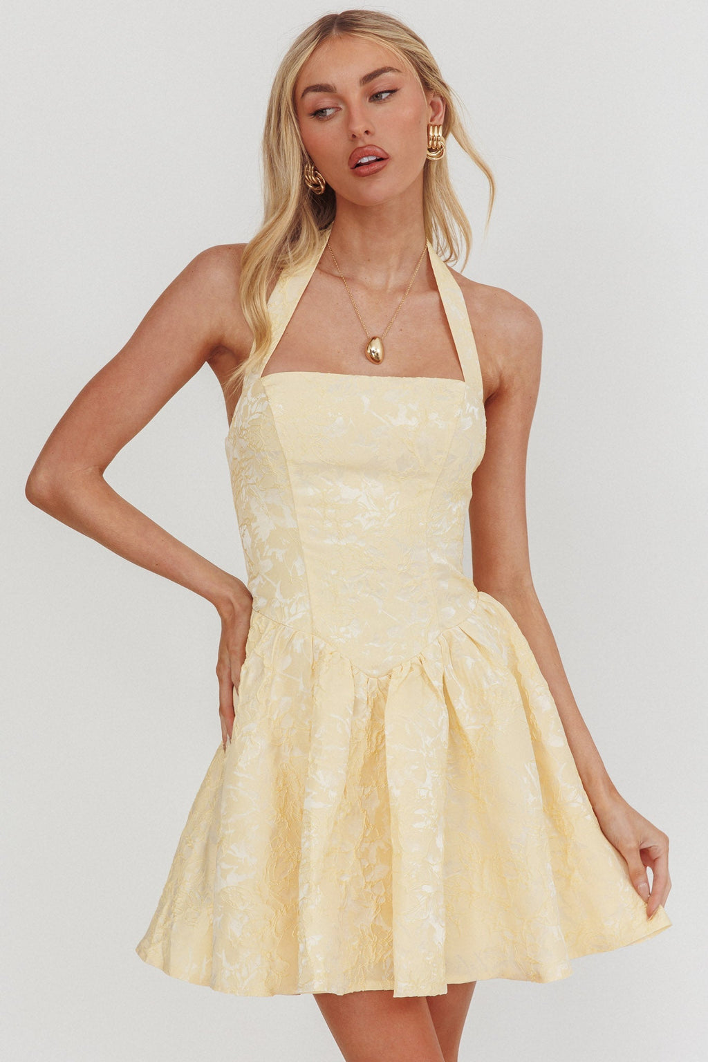 Serrah Halter Mini Dress Jacquard Butter