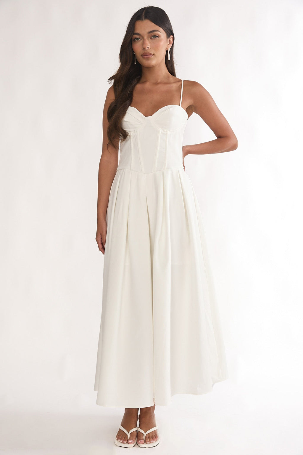 Kearsy Box Pleat Sweetheart Neckline Midi Dress White