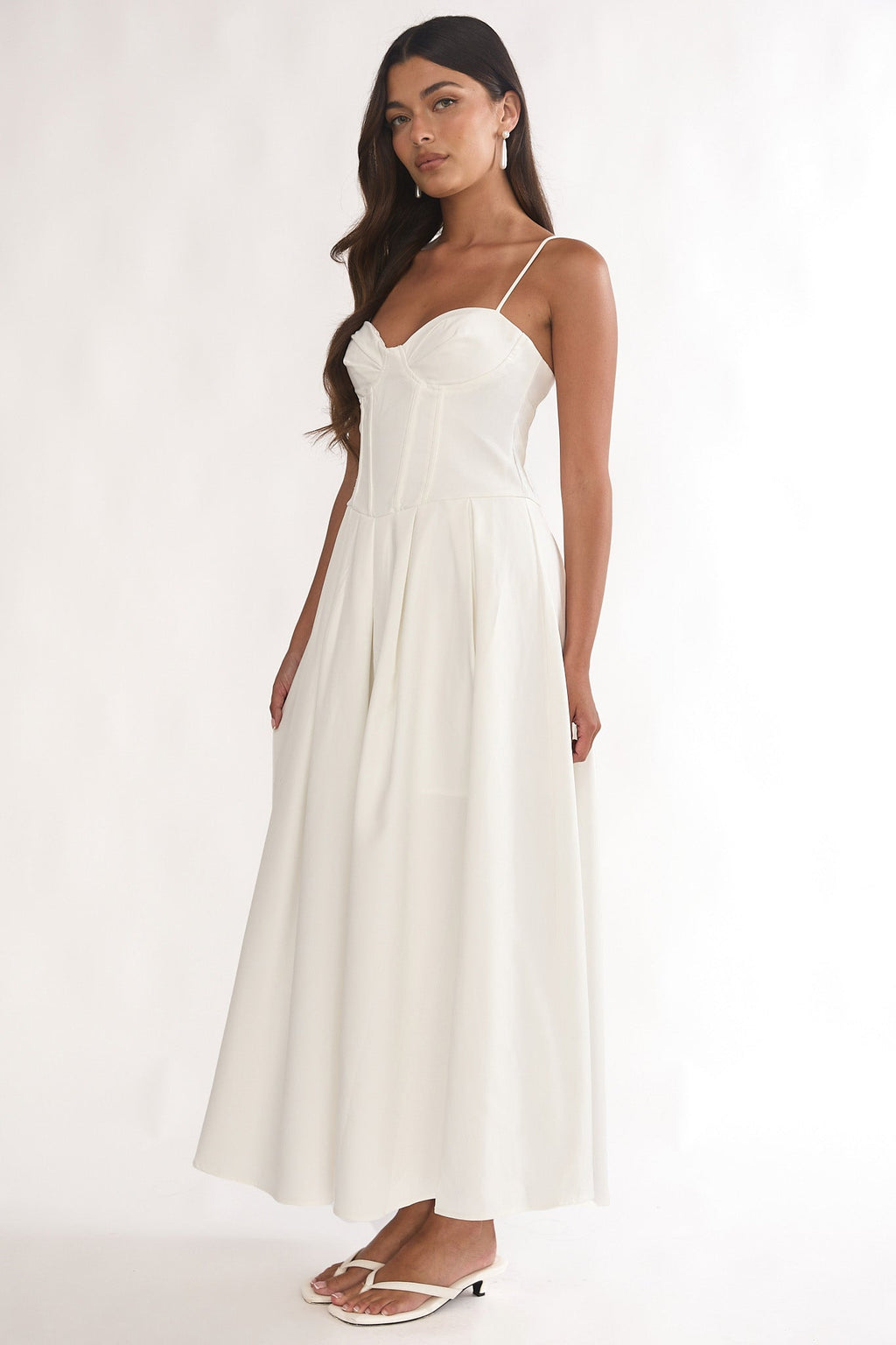 Kearsy Box Pleat Sweetheart Neckline Midi Dress White