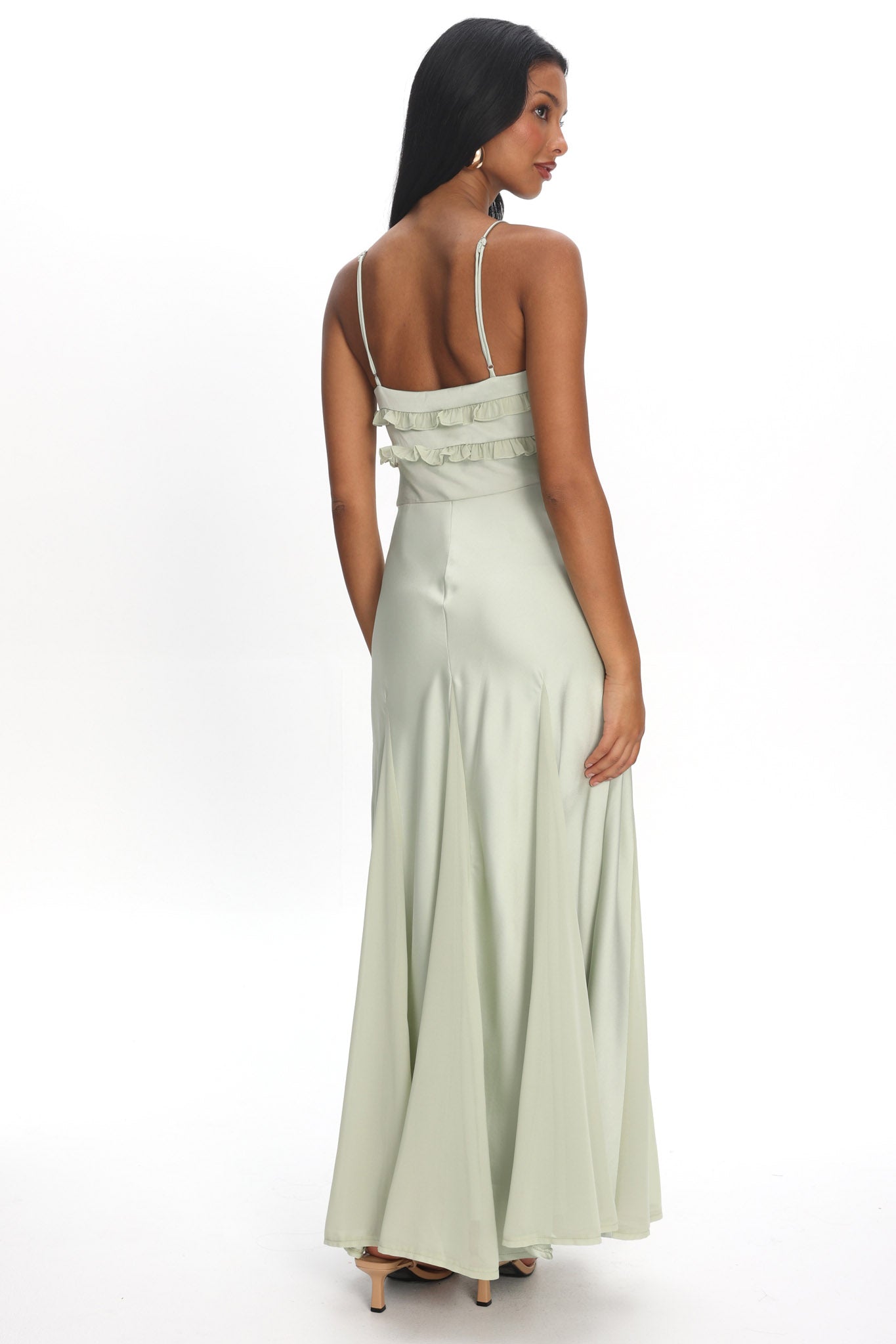 Caryn Frill Trim Godet Maxi Dress Sage