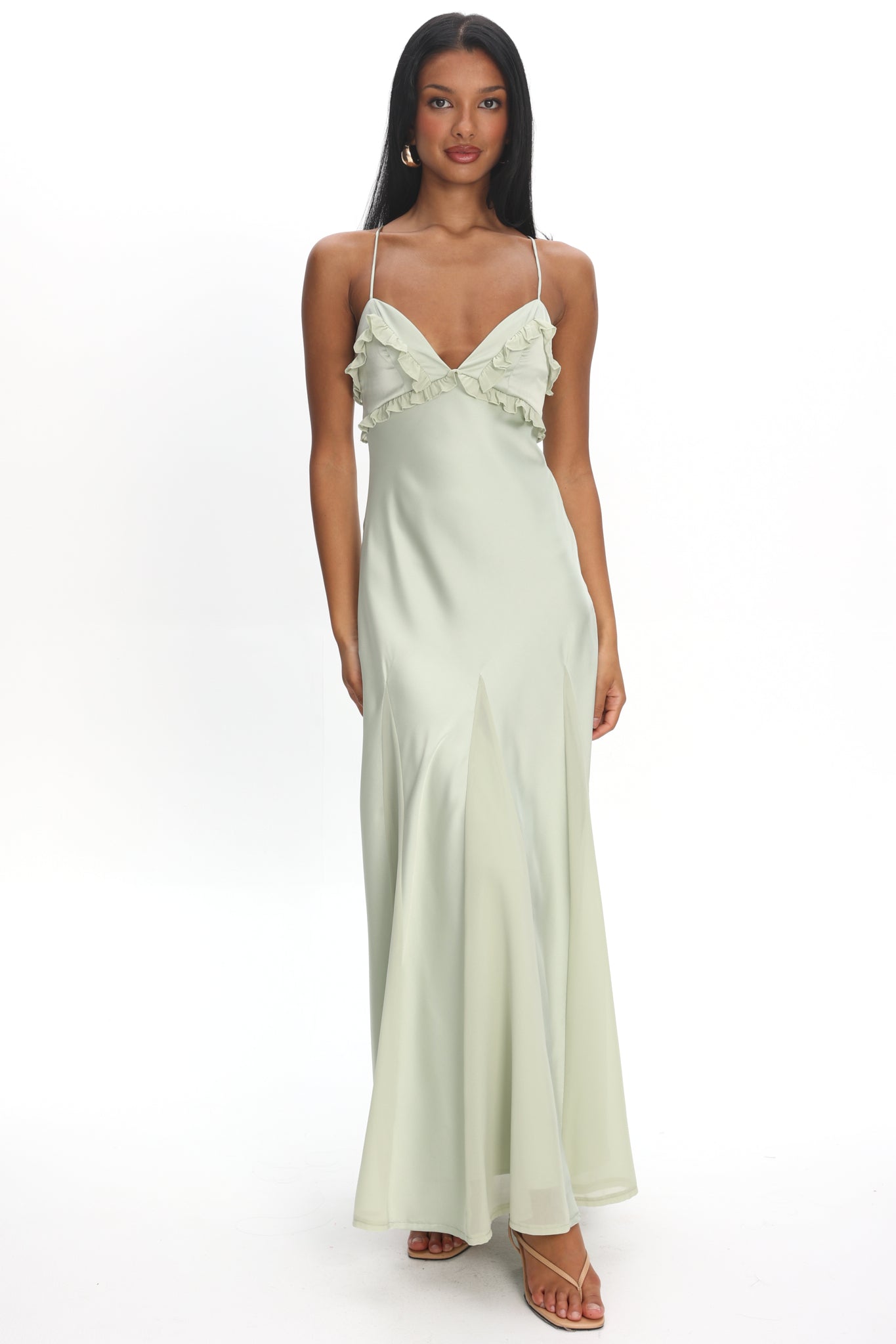 Caryn Frill Trim Godet Maxi Dress Sage