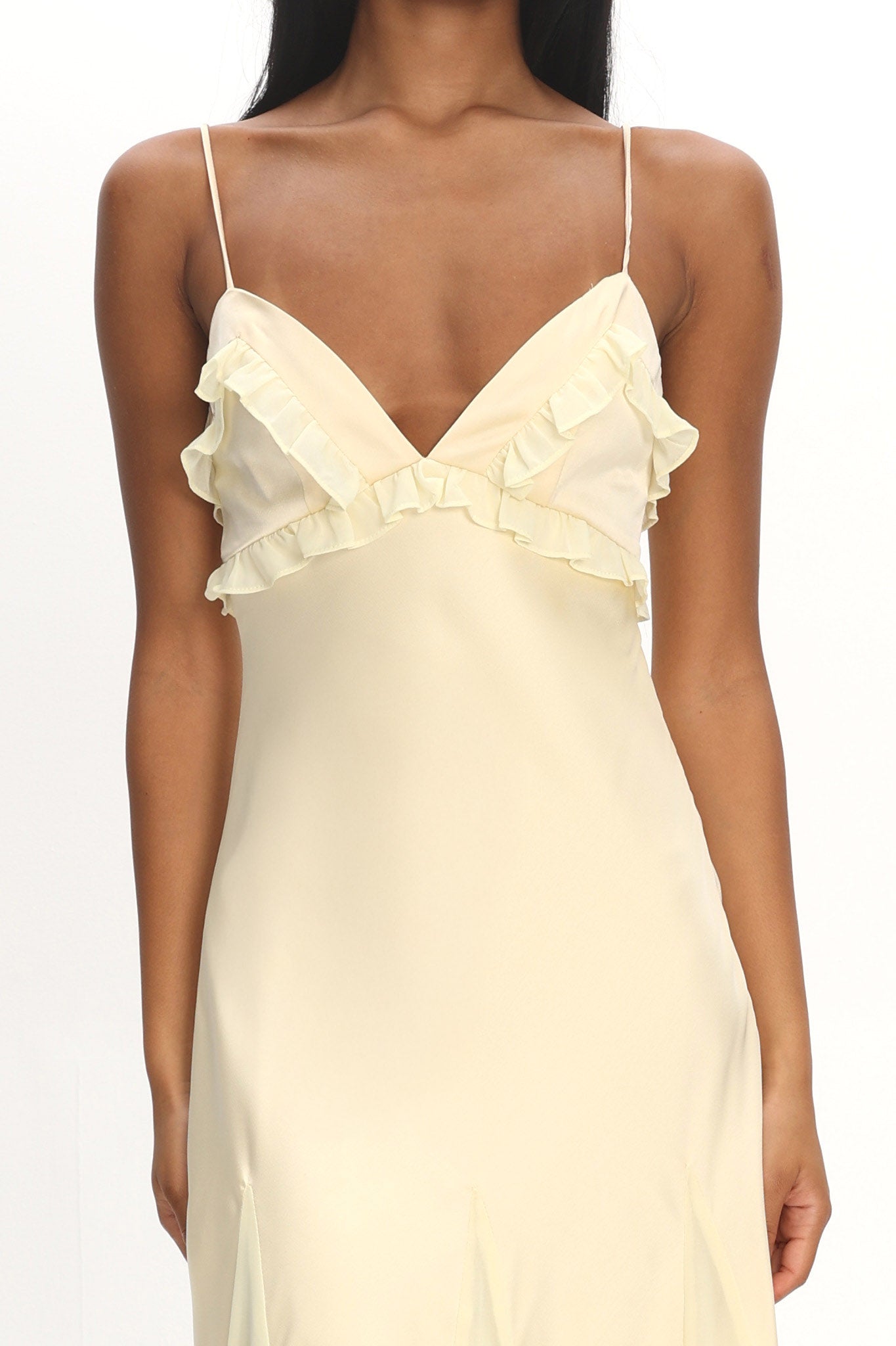 Caryn Frill Trim Godet Maxi Dress Yellow