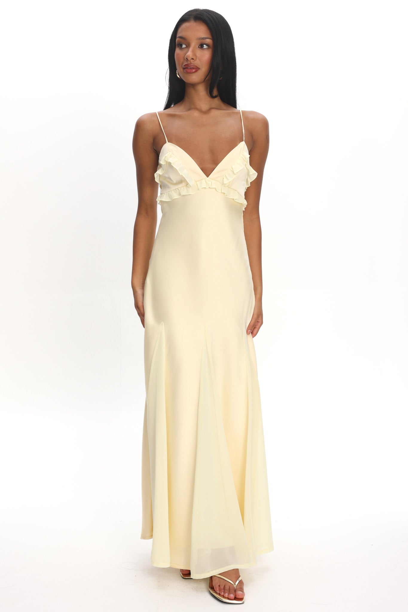 Caryn Frill Trim Godet Maxi Dress Yellow