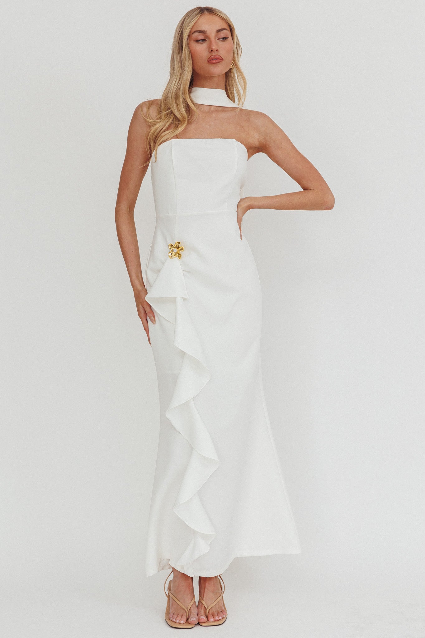 Selora Strapless Ruffle Maxi Dress White