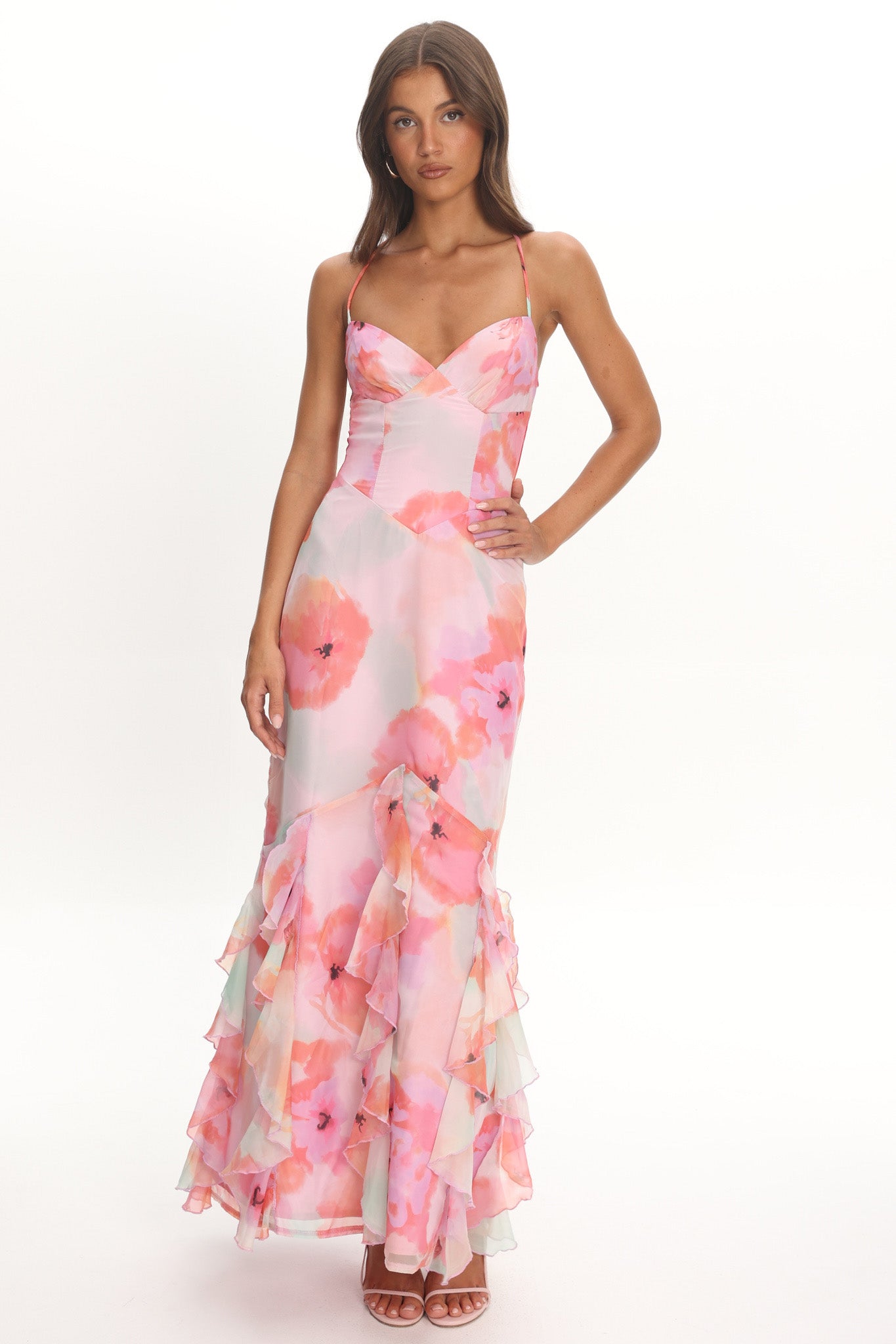 Charlisa Strappy Back Ruffle Maxi Dress Flowers Pink