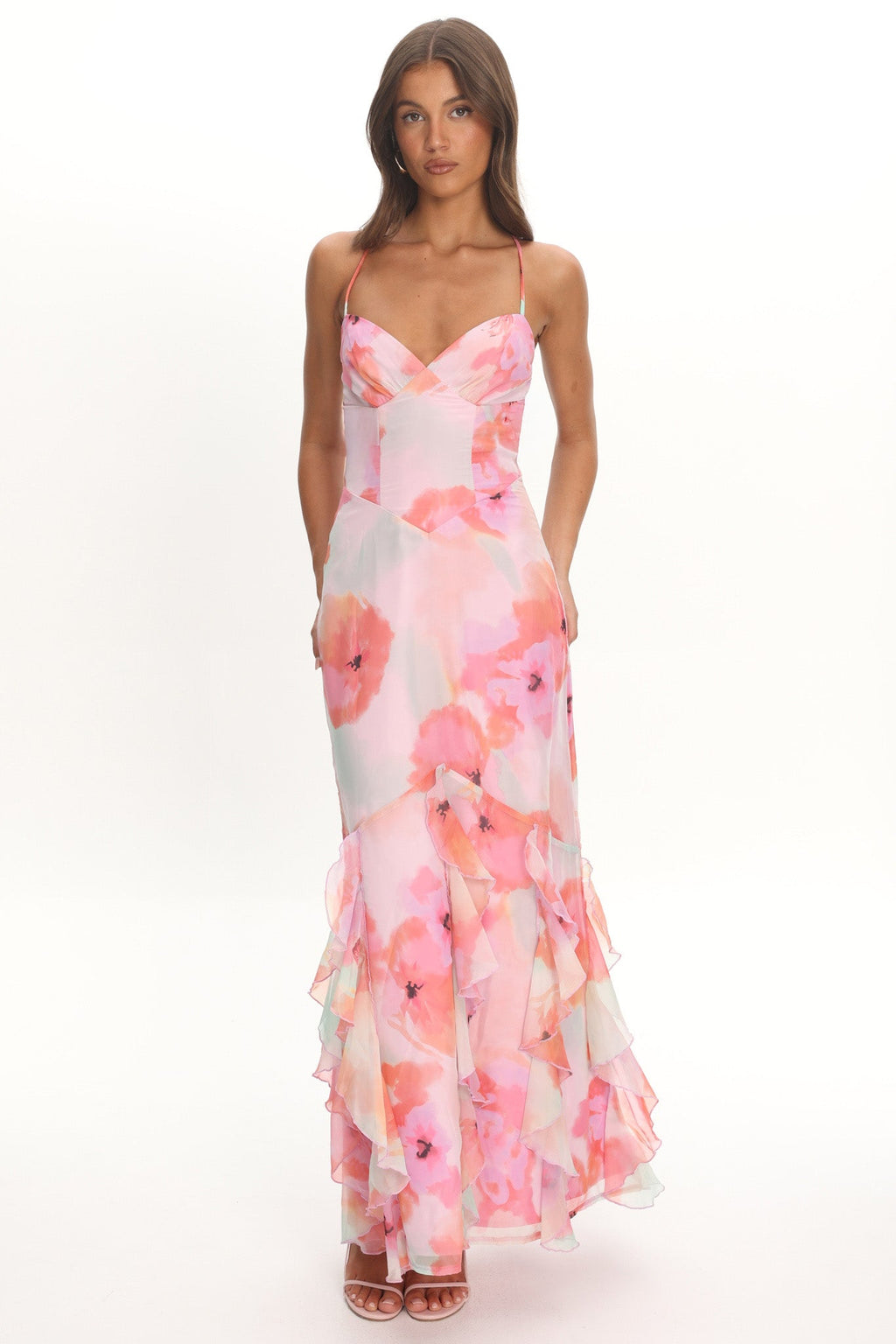Charlisa Strappy Back Ruffle Maxi Dress Flowers Pink
