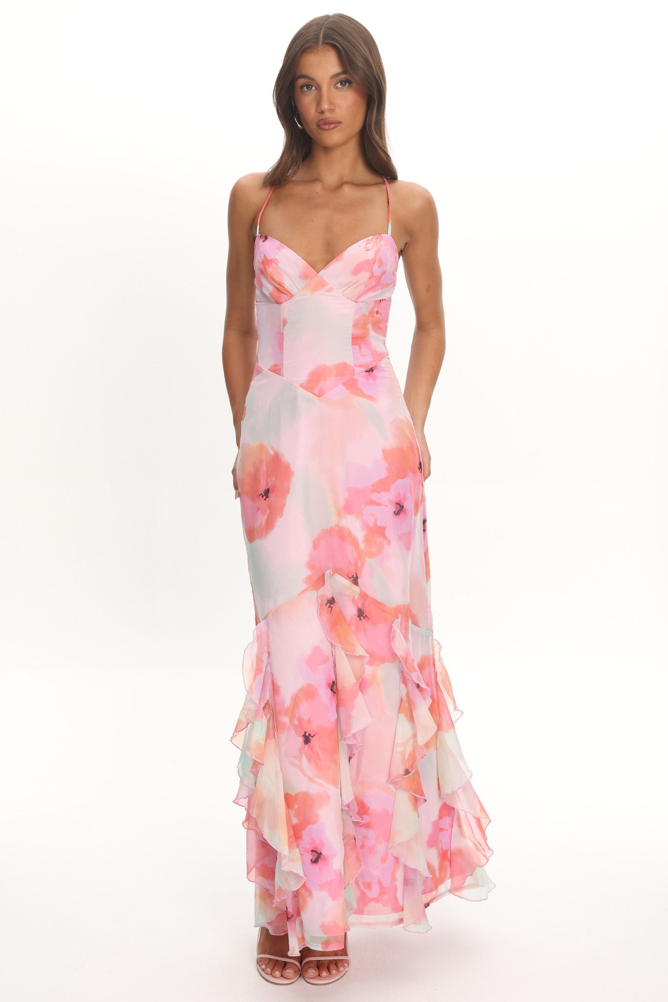 Charlisa Strappy Back Ruffle Maxi Dress Flowers Pink