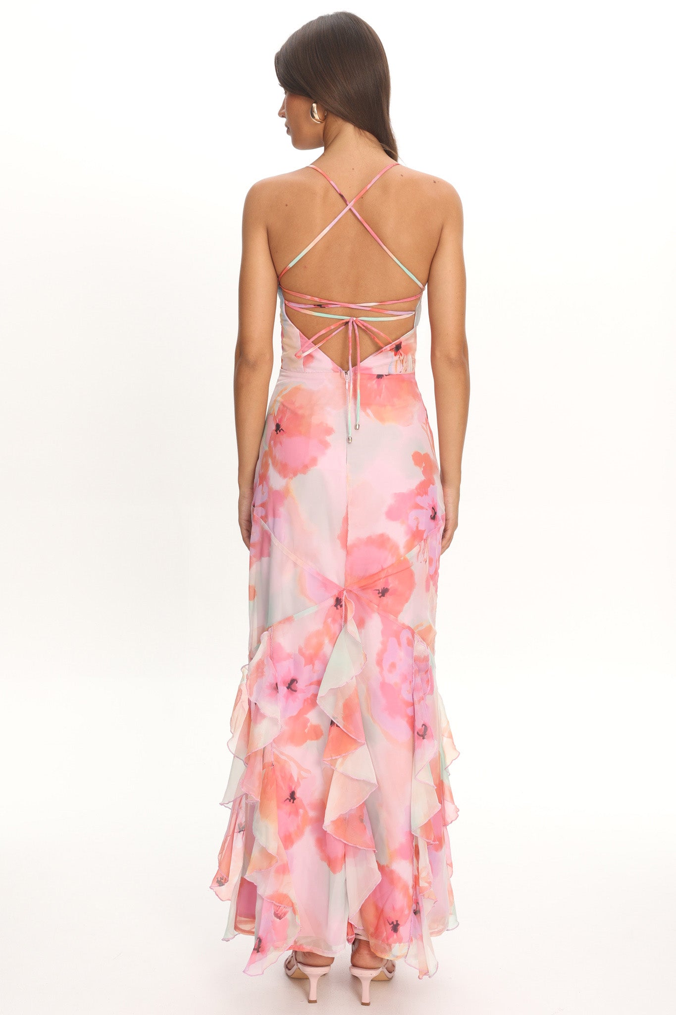Charlisa Strappy Back Ruffle Maxi Dress Flowers Pink