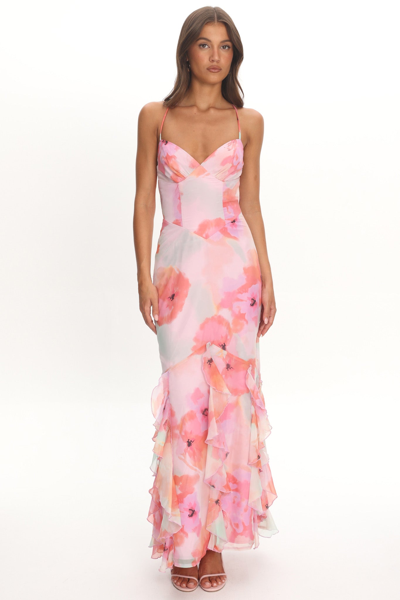 Charlisa Strappy Back Ruffle Maxi Dress Flowers Pink