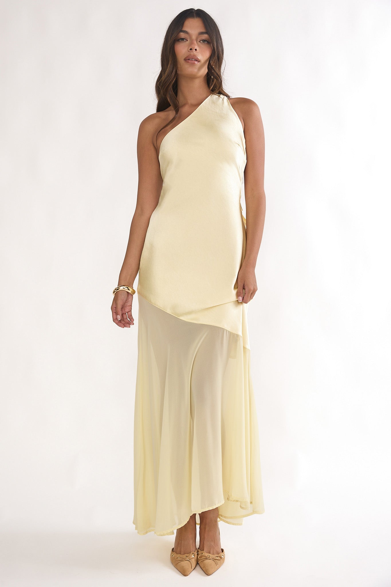 Mireya One-Shoulder Sheer Hem Maxi Dress Lemon