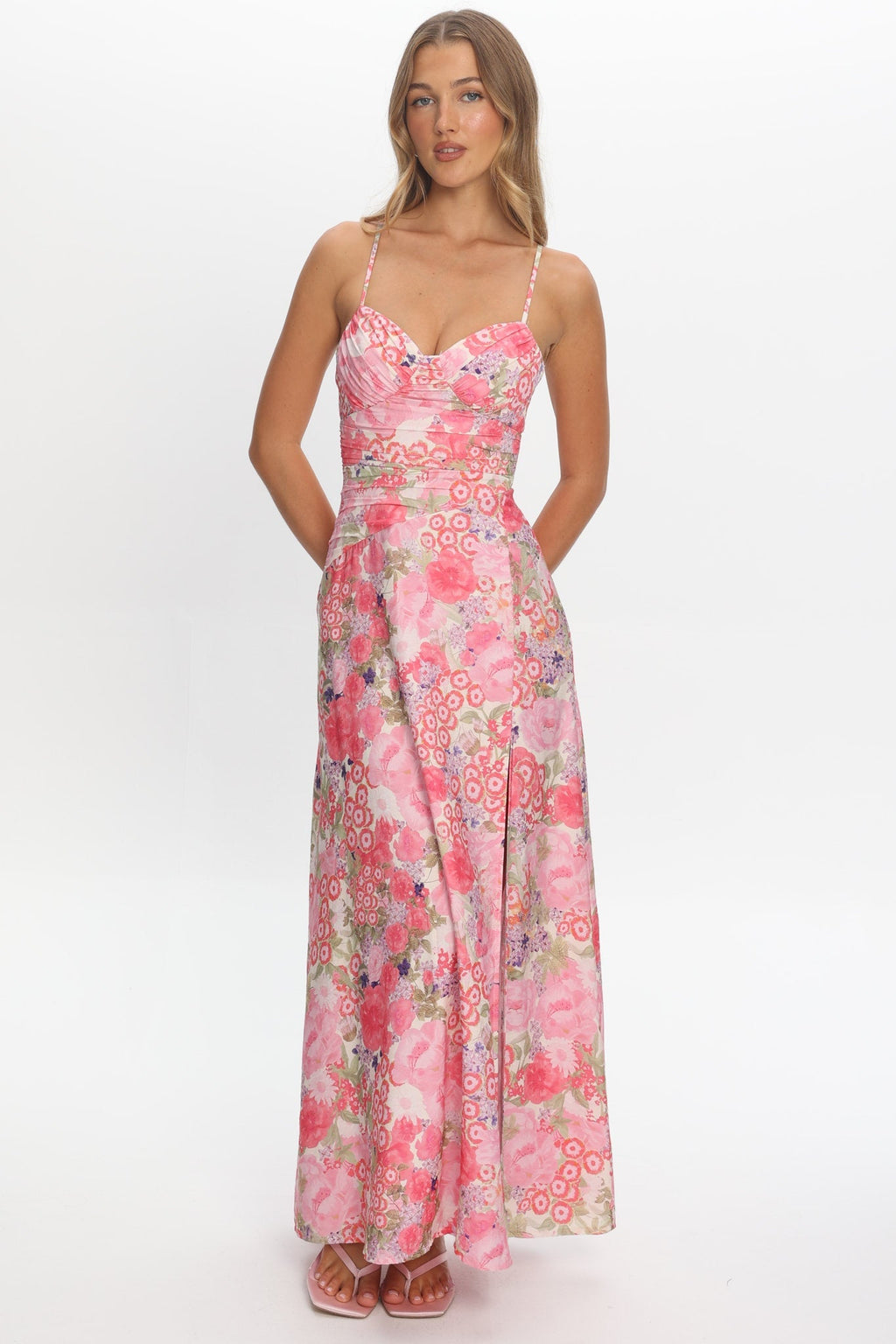 Marin Gathered Bodice Maxi Dress Floral Pink