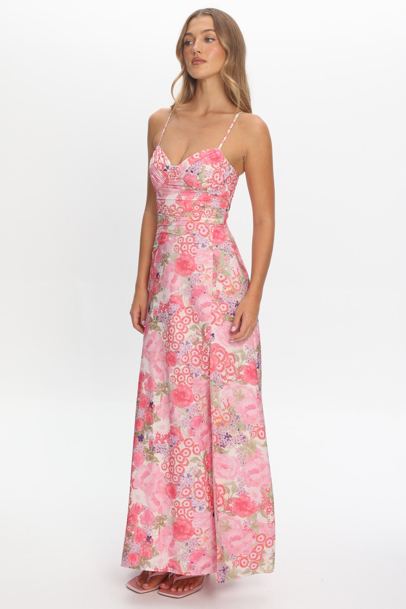 Marin Gathered Bodice Maxi Dress Floral Pink