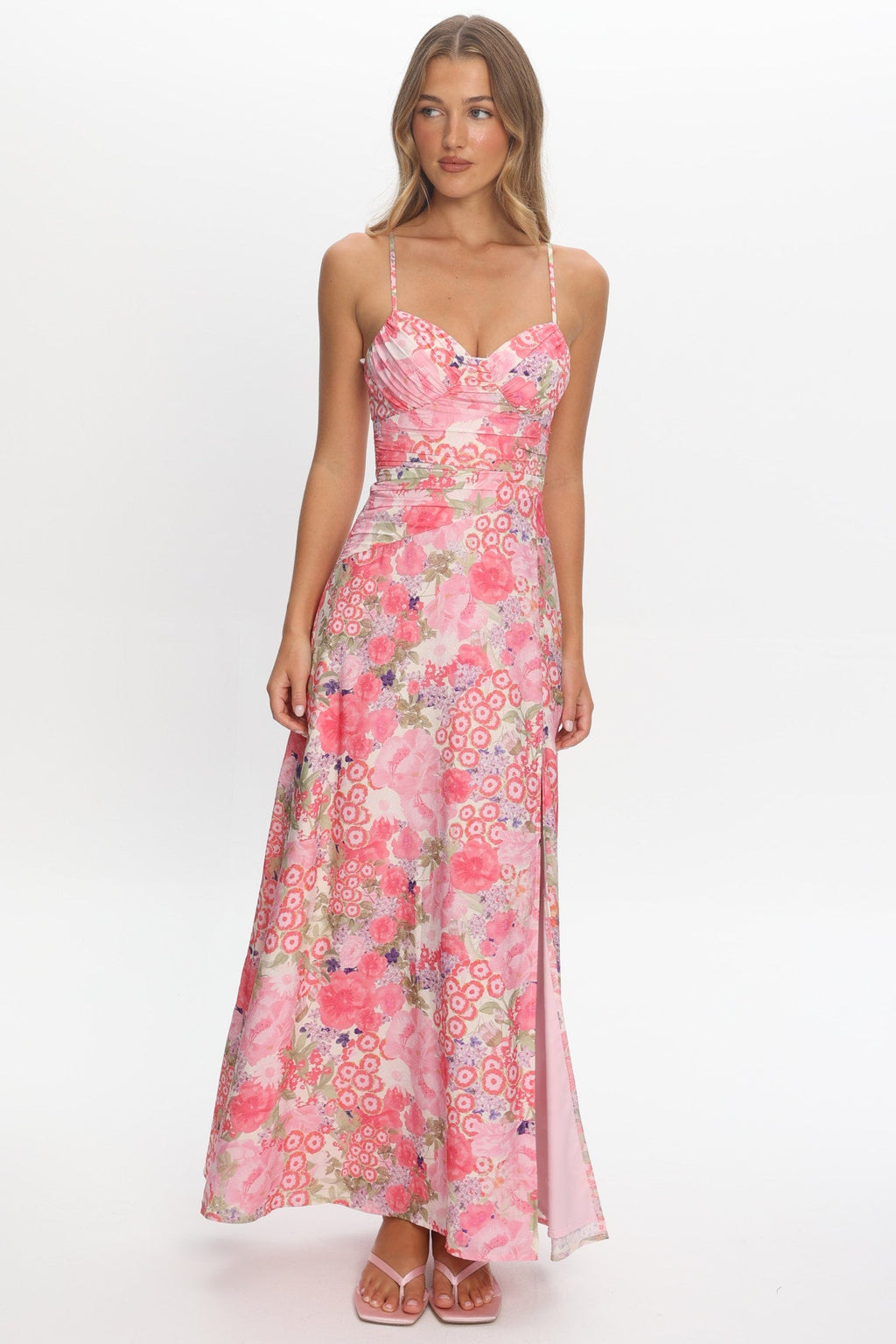 Marin Gathered Bodice Maxi Dress Floral Pink