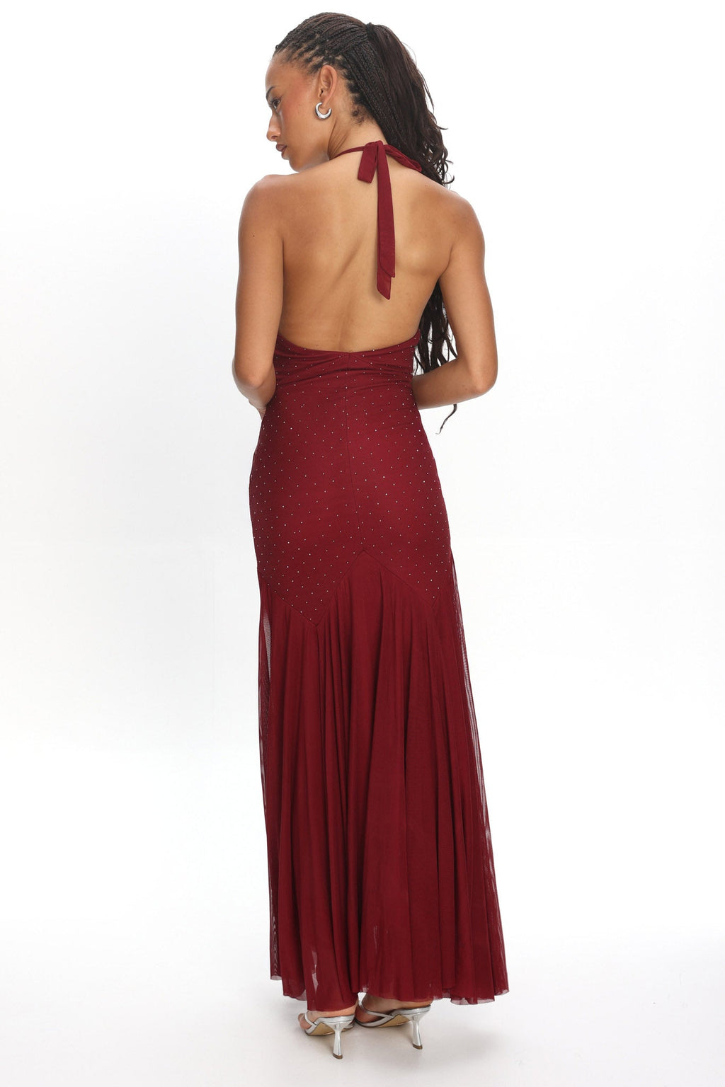 Endira Halter Sheer Hem Midi Dress Burgundy