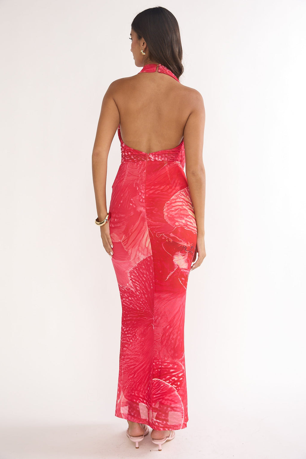 Everra Halterneck Drape Maxi Dress Print Red