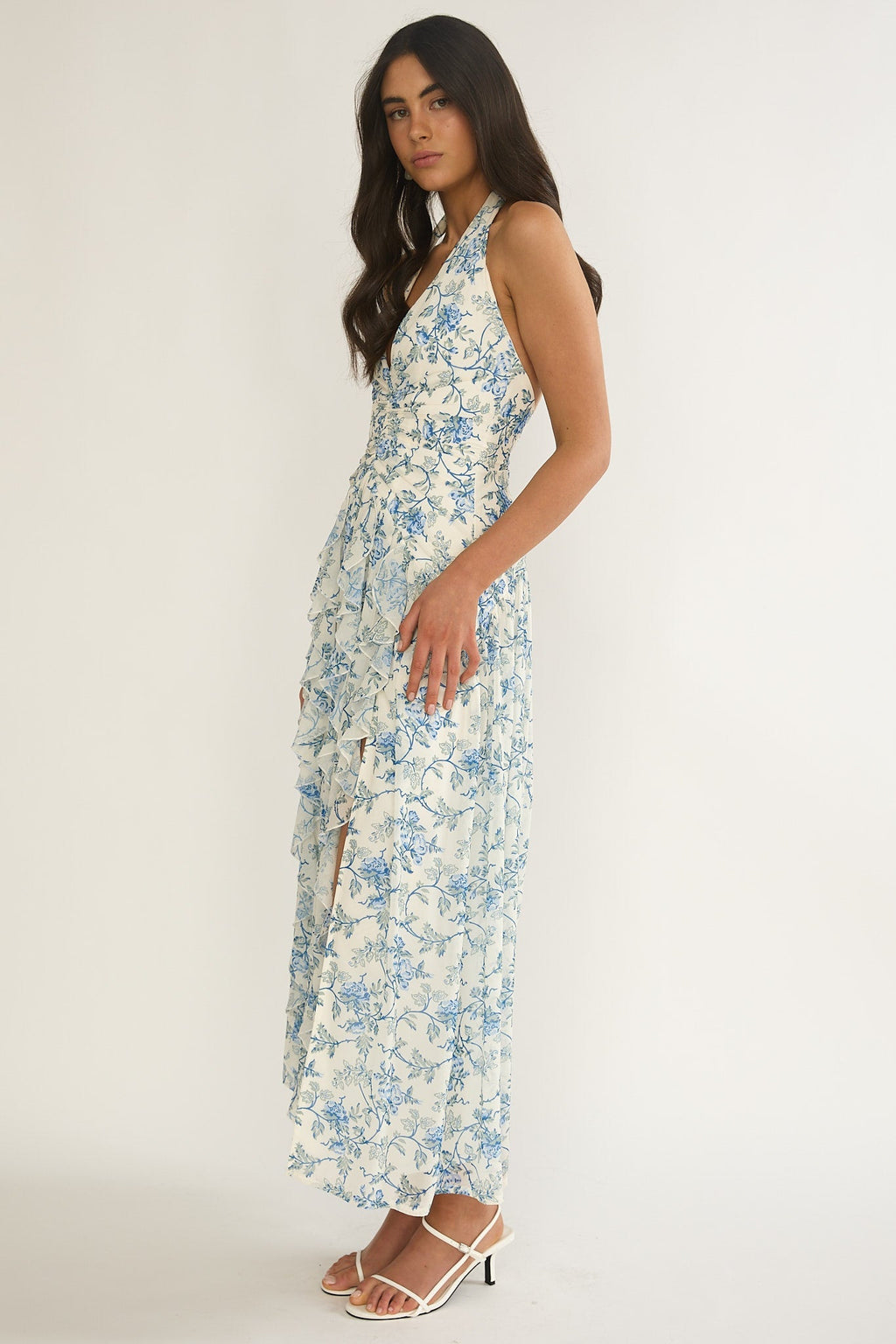 She's Glowing Halterneck Ruffle Dress Floral Blue