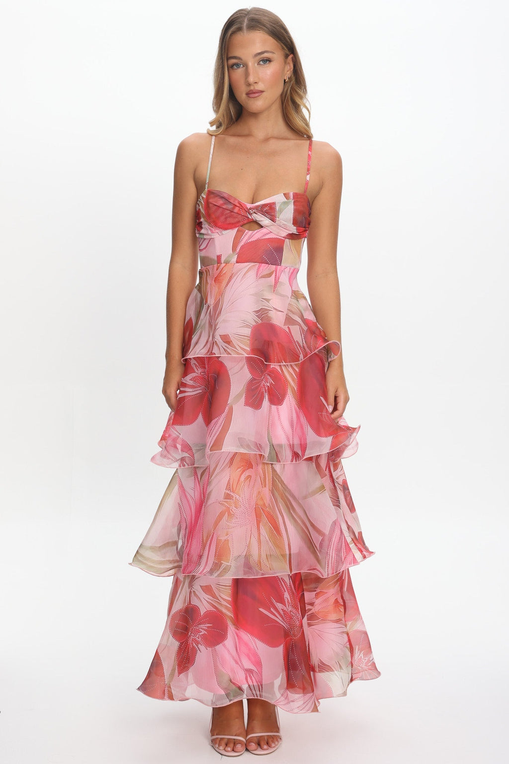 Varenna Layered Sweetheart Neckline Maxi Dress Print Red