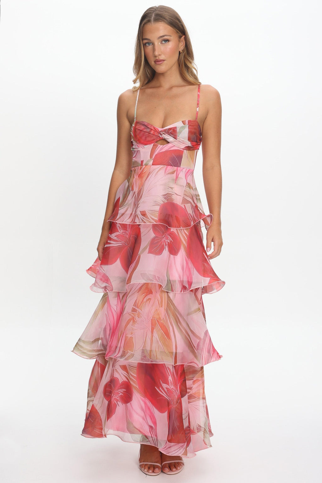 Varenna Layered Sweetheart Neckline Maxi Dress Print Red