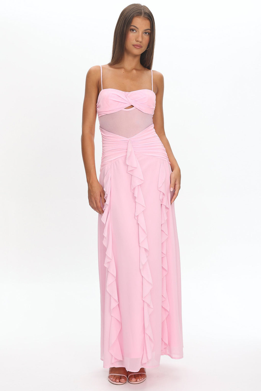 Janella Twist Bust Ruffle Maxi Dress Pink