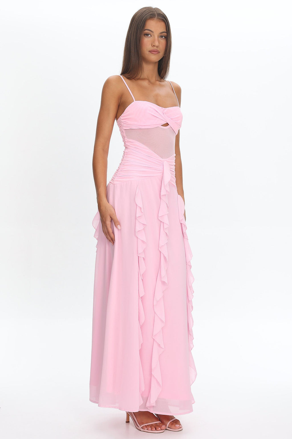 Janella Twist Bust Ruffle Maxi Dress Pink