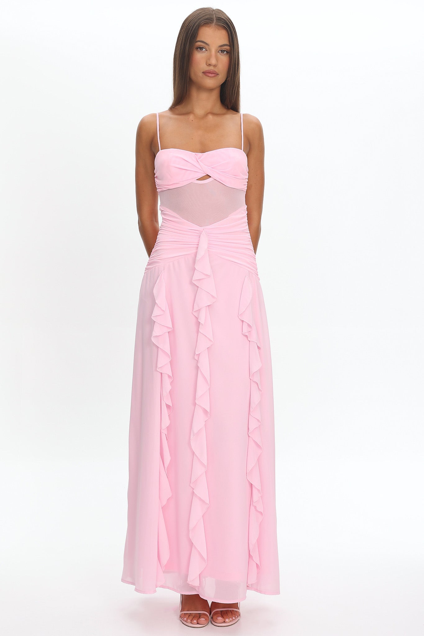 Janella Twist Bust Ruffle Maxi Dress Pink