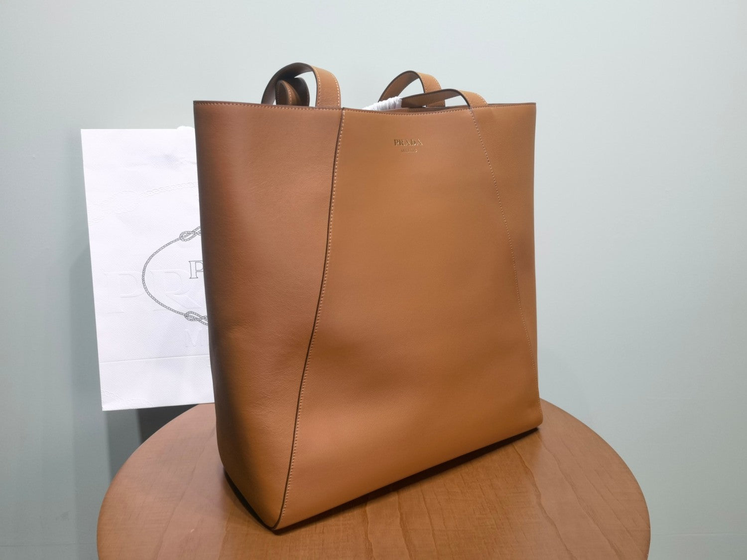 Prada Men's Letter Logo Printed Solid Color Leather Shopping Bag Shoulder Tote Bags #75222