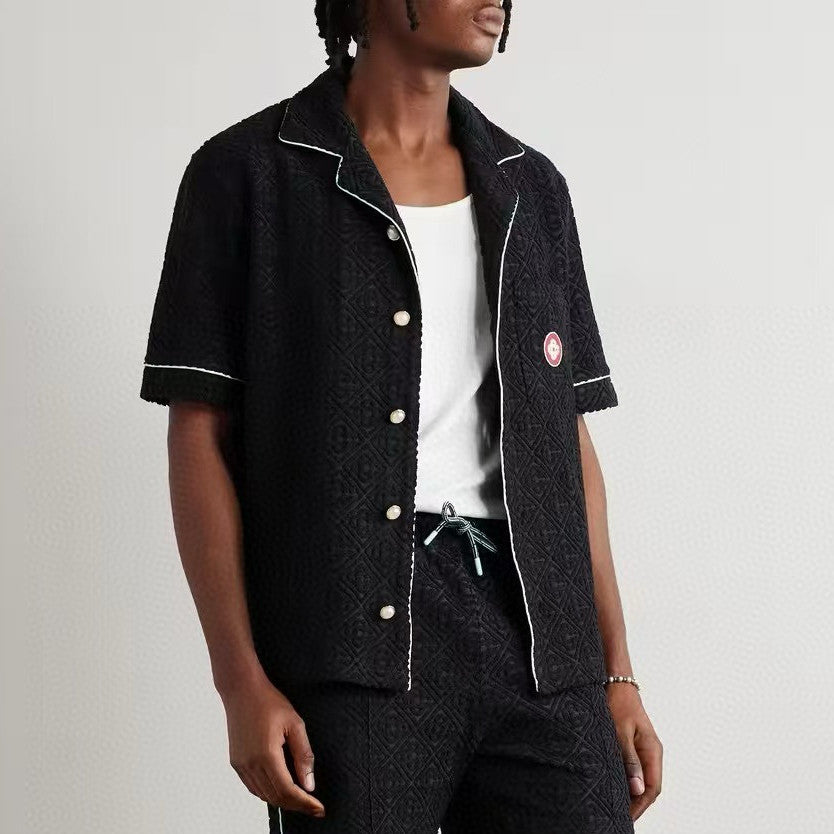 Casablanca Men's And Women's Spring/summer Fashion Casual Solid Color Towel Jacquard Collared Single Button Short Sleeve Shirt Waist Elastic Drawstring Towel Jacquard Casual Trousers Pants Suit Set #79547