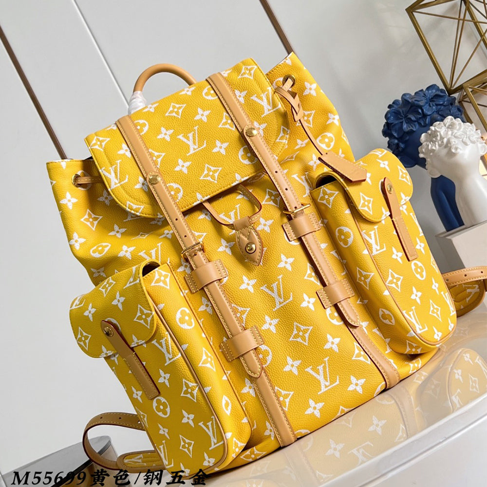 Louis Vuitton Christopher Monogram Taurillon Cow Leather Backpack Lv Men's Backpack With Floral Monogram In Blue Green And Yellow Bags #82792A