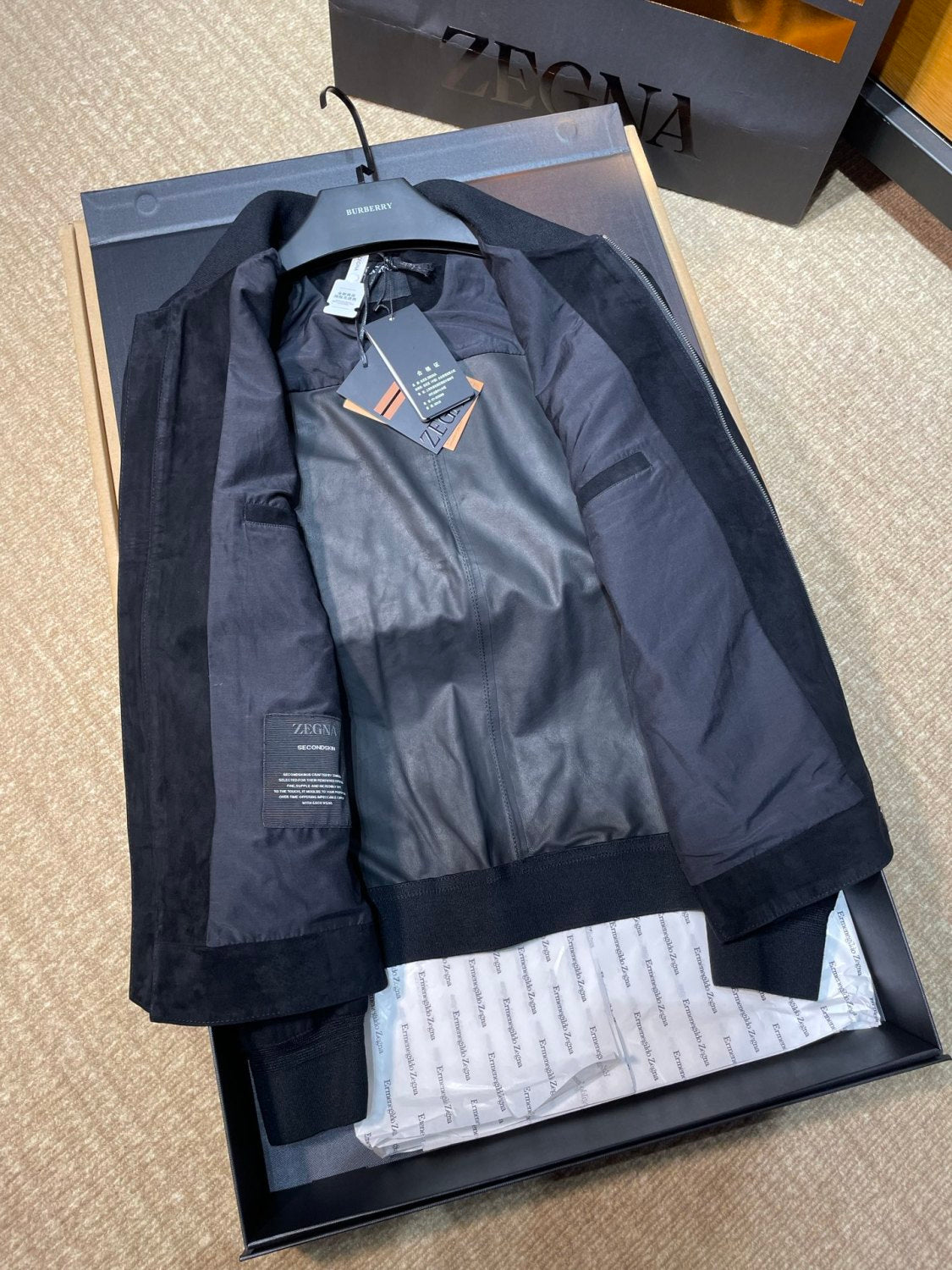 Ermenegildo Zegna Men's Secondskin Pilot Jacket Spring/Autumn Solid Color Baseball Collar Long Sleeve Zipper Leather Jacket Ngvp #2289