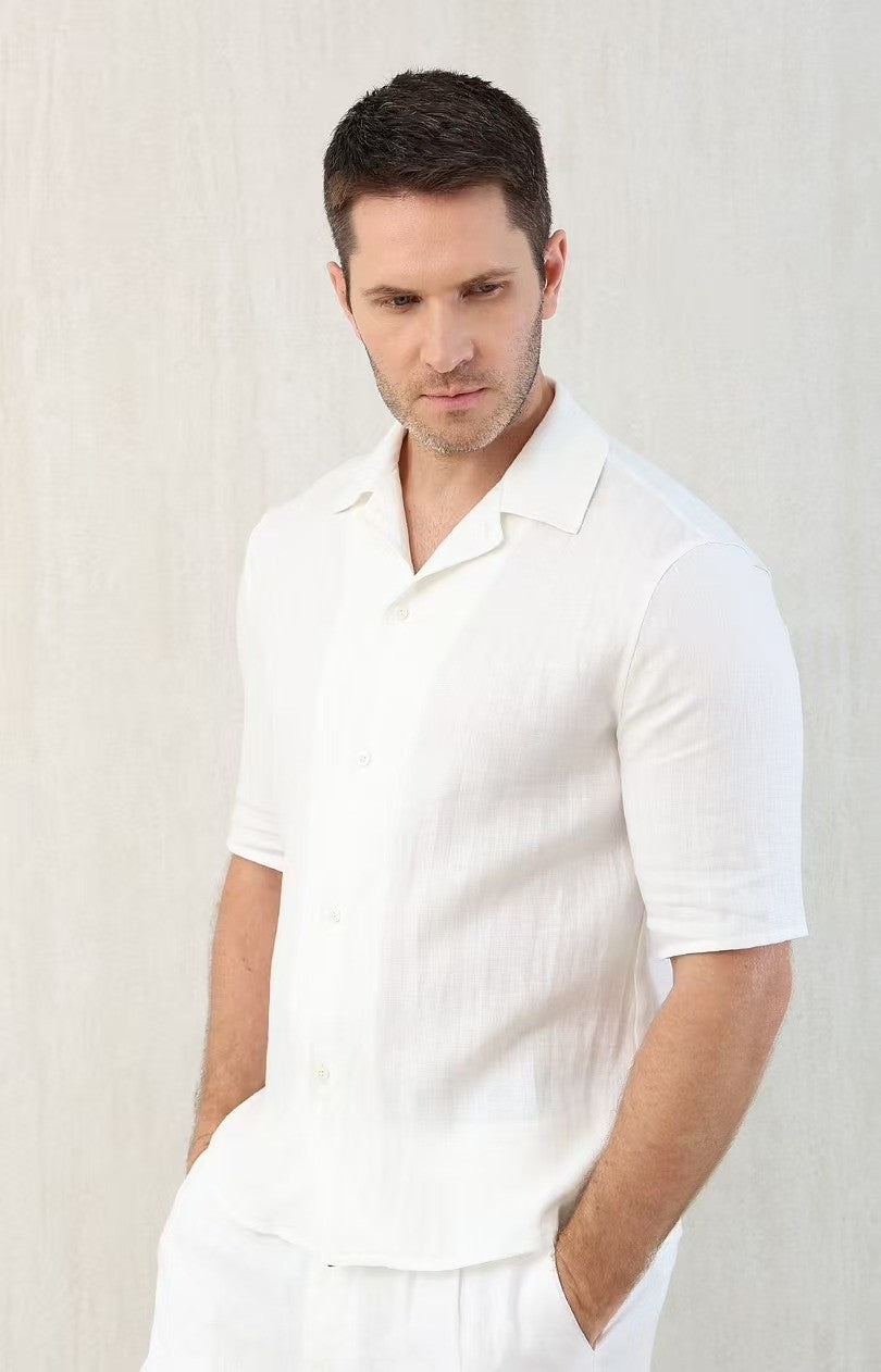 Brunello Cucinelli Men's Linen Loose Summer Single-Breasted Solid Color Lapel Short Sleeve Shirt Ngvp #1454