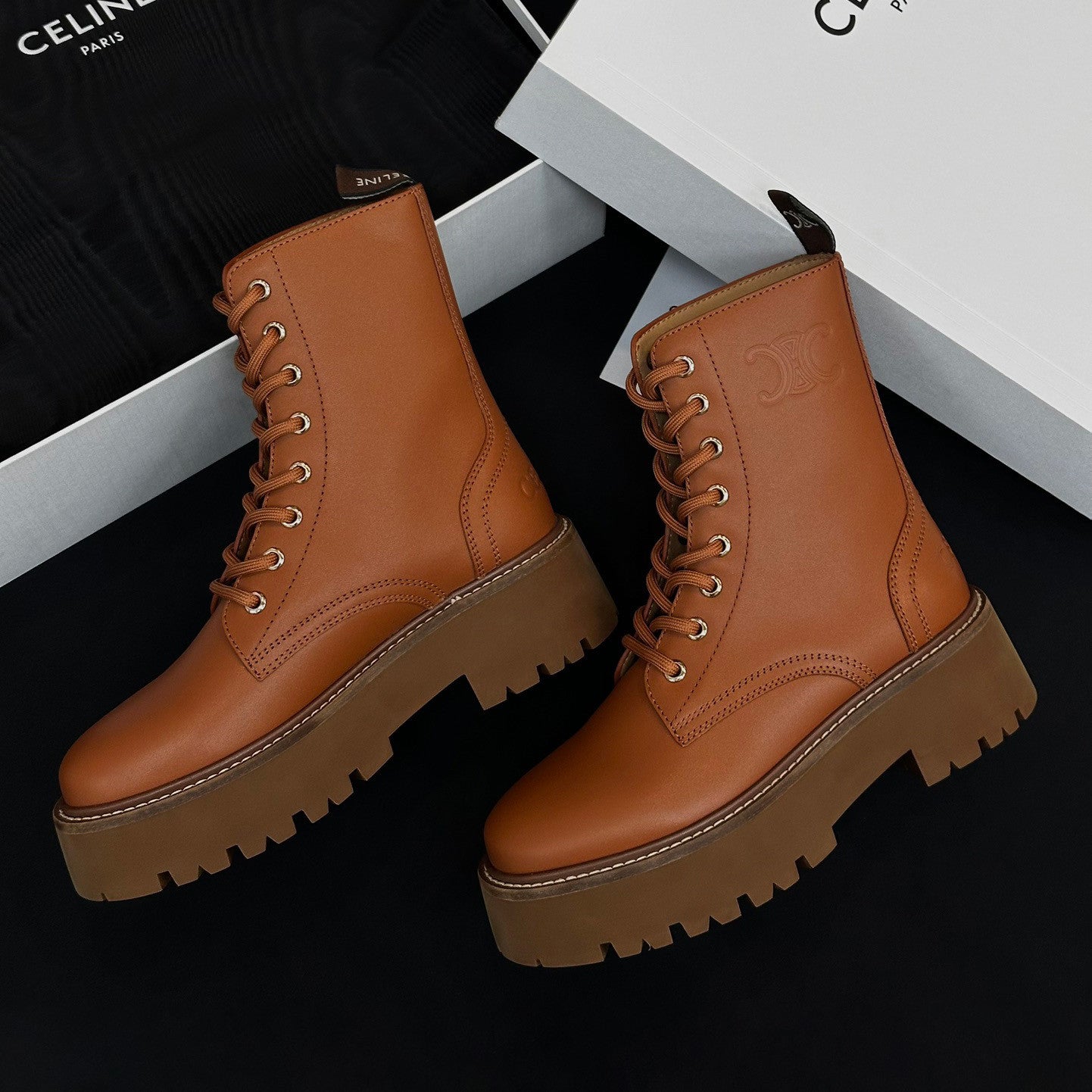 Celine Women's Spring/Fall Fashion Classic Nylon Glossy Leather Lace Up Thick Sole Martin Boots Short Boots Shoes #78277